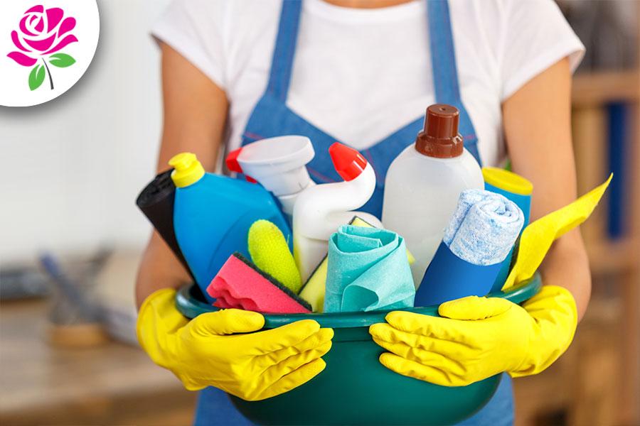 basket full of cleaning products